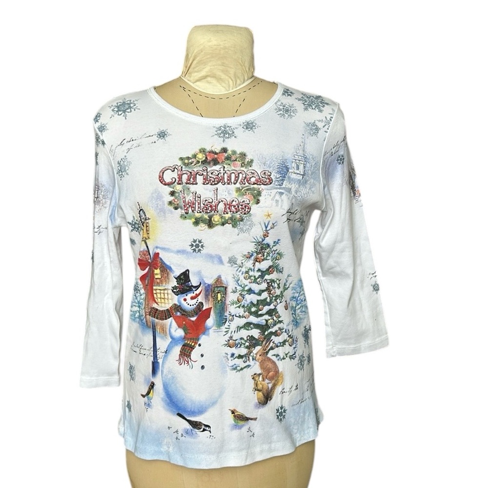 Studio Gem Embellished Christmas Wishes‎ 3/4 Sleeve Top Snowflakes Snowman L/XL